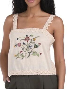 Embroidered Beige Crochet-Trim Floral Camisole - Women